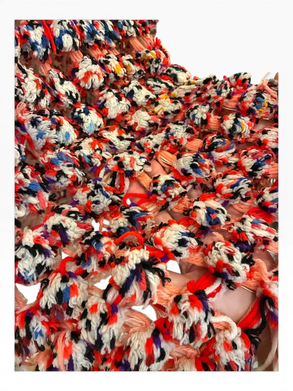 Unique Woven Pom Pom and weave multicolored yarn throw blanket. Hand made. 5’x5
